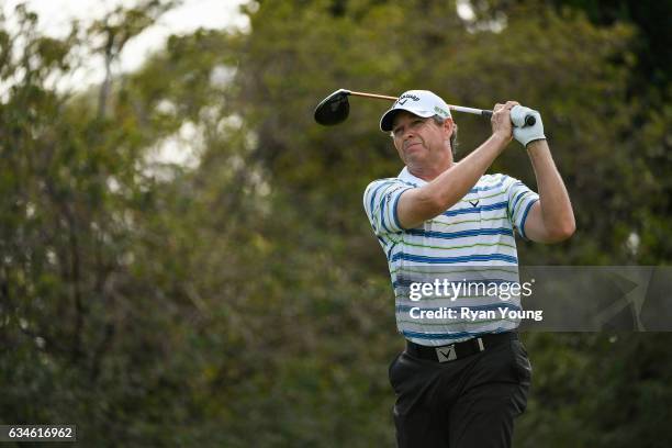 Lee Janzen tees off on the ninth hole during the first round of the PGA TOUR Champions Allianz Championship at The Old Course at Broken Sound on...