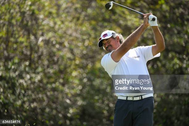 Carlos Franco tees off on the ninth hole during the first round of the PGA TOUR Champions Allianz Championship at The Old Course at Broken Sound on...