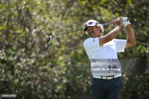 Carlos Franco tees off on the ninth hole during the first round of the PGA TOUR Champions Allianz Championship at The Old Course at Broken Sound on...