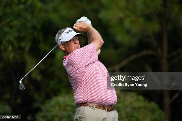 Colin Montgomerie tees off on the 16th hole during the first round of the PGA TOUR Champions Allianz Championship at The Old Course at Broken Sound...