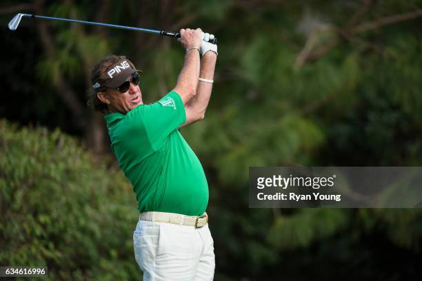 Miguel Angel Jimenez tees off on the 16th hole during the first round of the PGA TOUR Champions Allianz Championship at The Old Course at Broken...