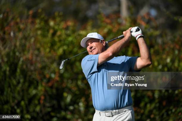 John Cook tees off on the 16th hole during the first round of the PGA TOUR Champions Allianz Championship at The Old Course at Broken Sound on...