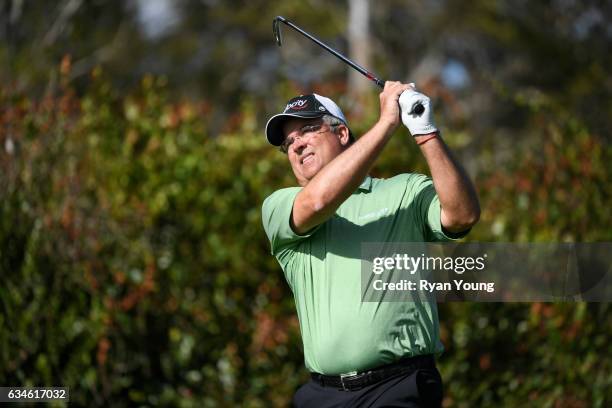 Kenny Perry tees off on the 16th hole during the first round of the PGA TOUR Champions Allianz Championship at The Old Course at Broken Sound on...