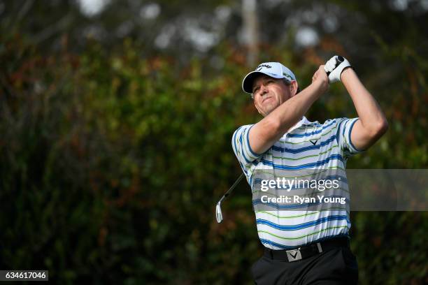 Lee Janzen tees off on the 16th hole during the first round of the PGA TOUR Champions Allianz Championship at The Old Course at Broken Sound on...