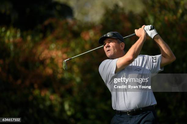 Scott Dunlap tees off on the 16th hole during the first round of the PGA TOUR Champions Allianz Championship at The Old Course at Broken Sound on...