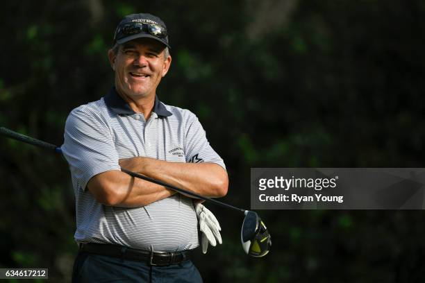 Scott Dunlap laughs while he waits to tee off on the 18th hole during the first round of the PGA TOUR Champions Allianz Championship at The Old...