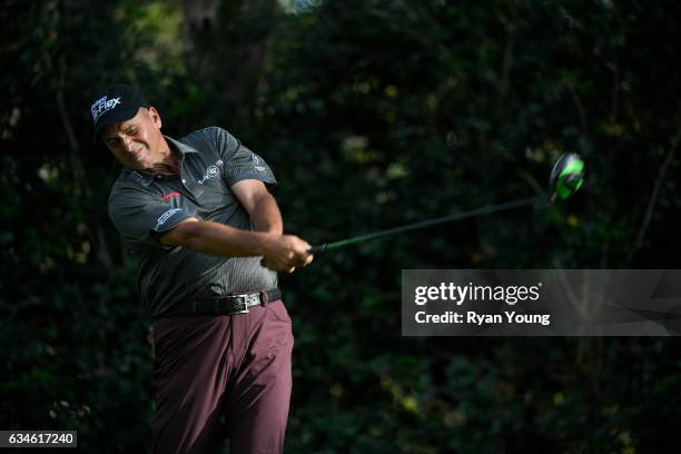 Rocco Mediate tees off on the 18th hole during the first round of the PGA TOUR Champions Allianz Championship at The Old Course at Broken Sound on...