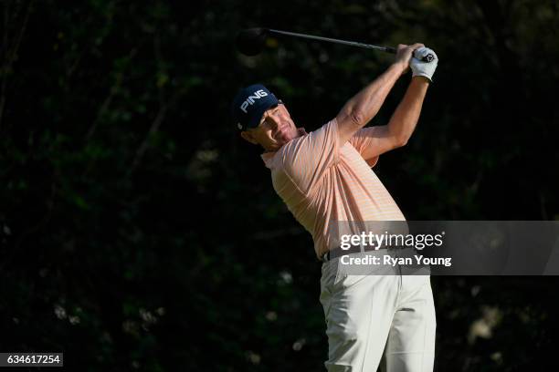 Jeff Maggert tees off on the 18th hole during the first round of the PGA TOUR Champions Allianz Championship at The Old Course at Broken Sound on...