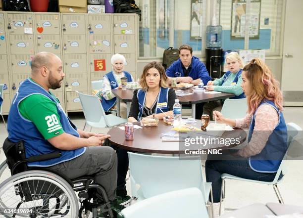 Wellness Fair" Episode 216 -- Pictured: Colton Dunn as Garrett, Linda Porter as Myrtle, America Ferrera as Amy, Jon Barinholtz as Marcus, Kelly...