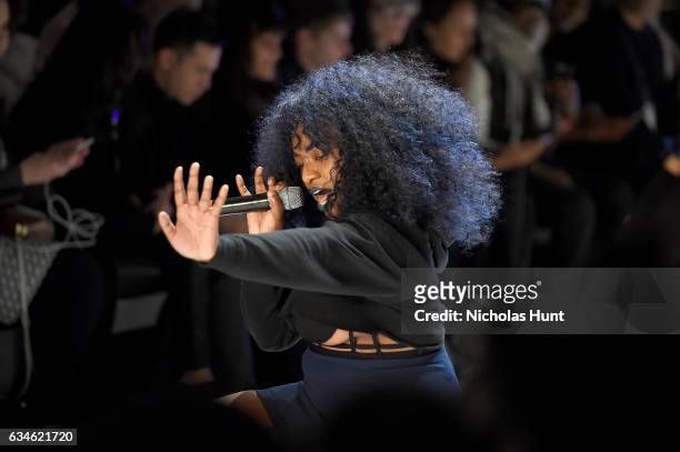 Entertains the guests during the Chromat collection at New York Fashion Week: The Shows at Gallery 3, Skylight Clarkson Sq on February 10, 2017 in...