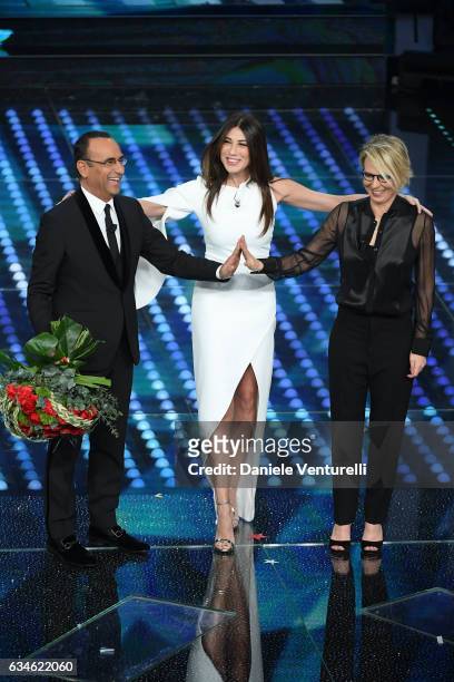 Carlo Conti, Virginia Raffaele and Maria De Filippi attend the fourth night of the 67th Sanremo Festival 2017 at Teatro Ariston on February 10, 2017...