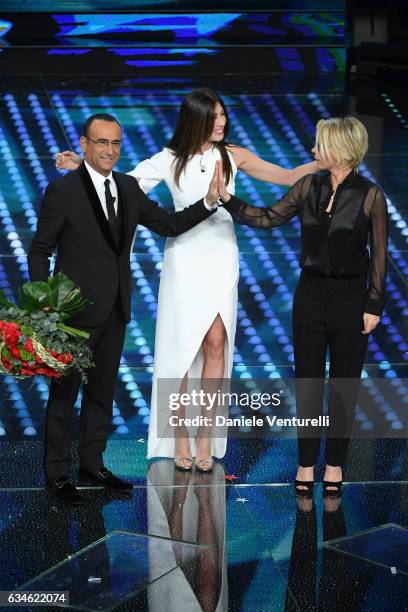 Carlo Conti, Virginia Raffaele and Maria De Filippi attend the fourth night of the 67th Sanremo Festival 2017 at Teatro Ariston on February 10, 2017...