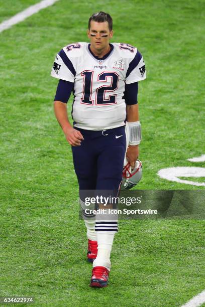 New England Patriots quarterback Tom Brady comes to the sideline during the second half of Super Bowl LI on February 5 at NRG Stadium in Houston, TX.