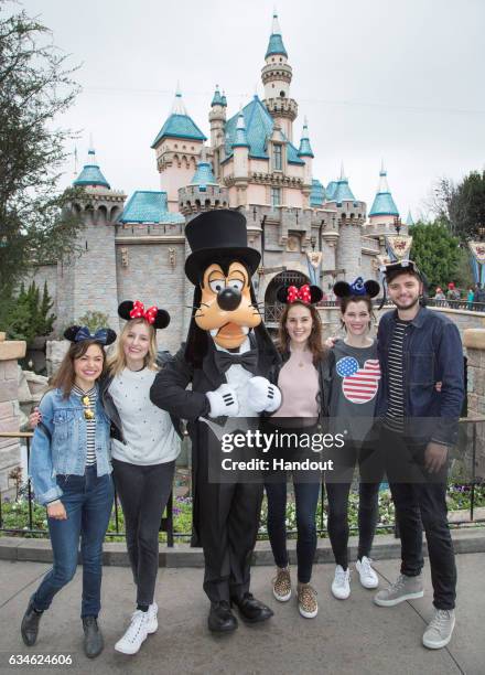 In this handout photo provided by Disney Parks, "Downton Abbey" co-stars Laura Carmichael , Michelle Dockery and Michael Fox are joined by actors...