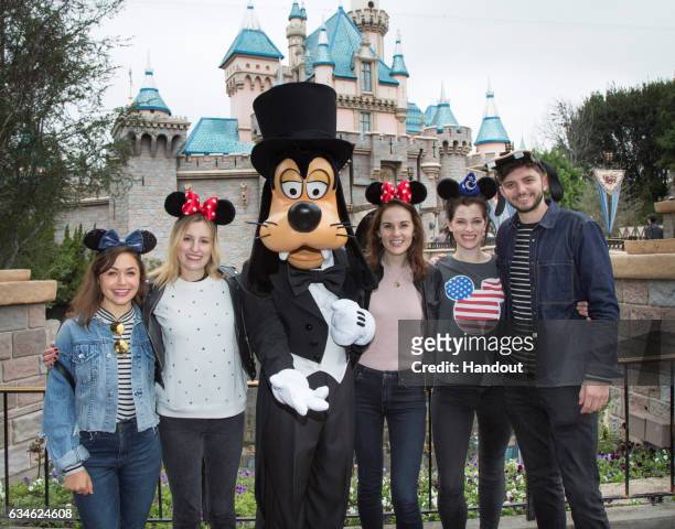 In this handout photo provided by Disney Parks, "Downton Abbey" co-stars Laura Carmichael , Michelle Dockery and Michael Fox are joined by actors...
