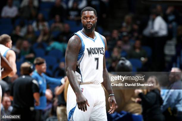 Lance Stephenson of the Minnesota Timberwolves looks on during the game against the New Orleans Pelicans on February 10, 2017 at Target Center in...