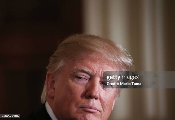President Donald Trump listens during a joint press conference with Japanese Prime Minister Shinzo Abe at the White House on February 10, 2017 in...