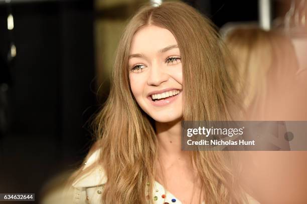 Model Gigi Hadid prepares backstage for the Jeremy Scott collection during, New York Fashion Week: The Shows at Gallery 1, Skylight Clarkson Sq on...