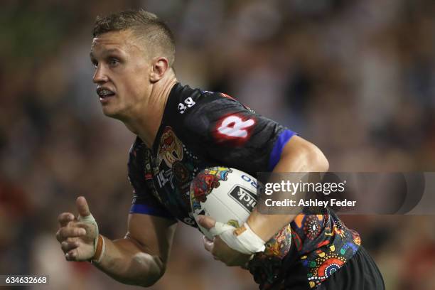 Jack Wighton of Indigenous All Stars runs the ball during the NRL All Stars match between the 2017 Harvey Norman All Stars and the NRL World All...