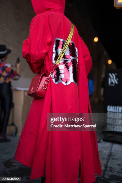 Amanda Steele is seen attending Cushnie et Ochs during New York Fashion Week wearing a red Off White outfit on February 10, 2017 in New York City.