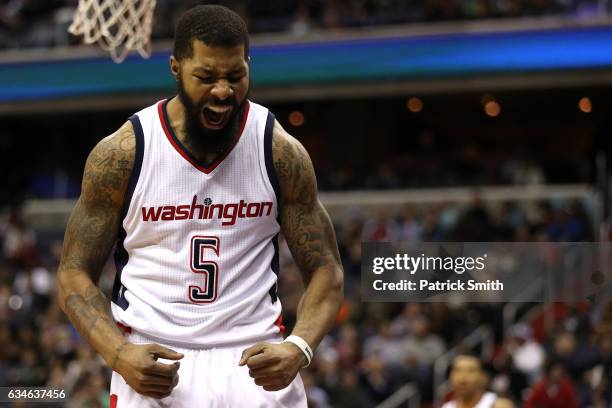 Markieff Morris of the Washington Wizards reacts against the Indiana Pacers during the second half at Verizon Center on February 10, 2017 in...