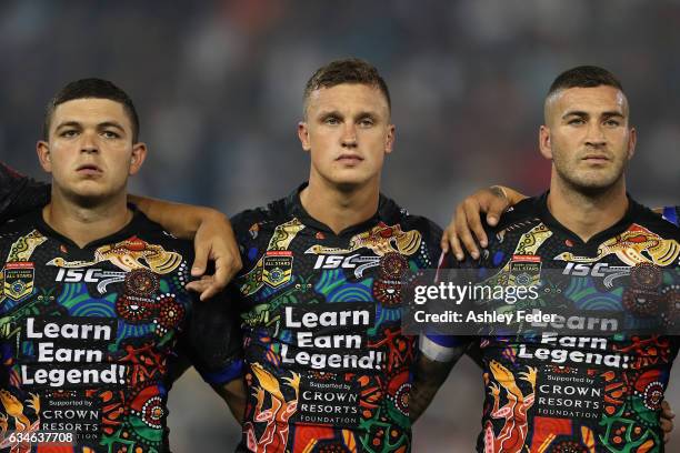 Ashley Taylor, Jack Wighton and Joel Thompson of the Indigenous All Stars line up during the NRL All Stars match between the 2017 Harvey Norman All...