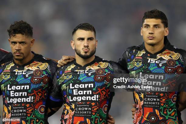 Dane Gagai, Jack Bird and Kyle Turner of Indigenous All Stars during the NRL All Stars match between the 2017 Harvey Norman All Stars and the NRL...