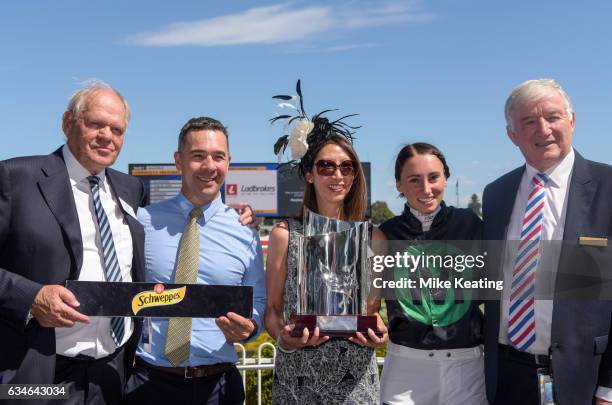 Andrew Noblet with owners Peter and Jenni Robinson and Katelyn Mallyon with Peter Le Grand after Super Cash won the Schweppes Rubiton Stakes at...