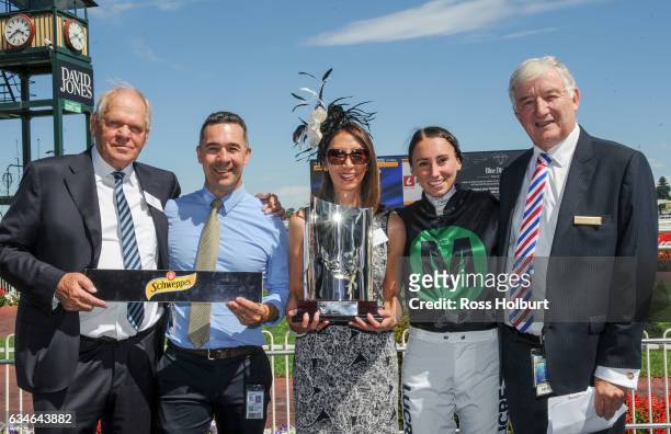 Owner Peter Robinson, Andrew Noblet, Jenni Robinson, Katelyn Mallyon and Peter Le Grand after Super Cash won the Schweppes Rubiton Stakes at...