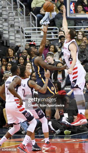 Washington Wizards forward Jason Smith blocks the shot of Indiana Pacers guard Rodney Stuckey in the second half on February 10 at the Verizon Center...