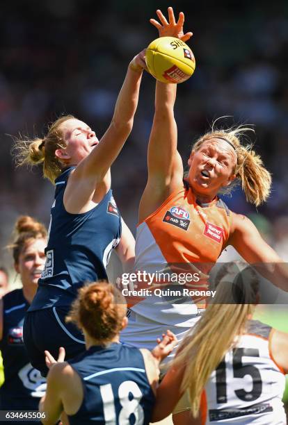 Breann Moody of the Blues and Phoebe McWilliams of the Giants during the round two AFL Women's match between the Carlton Blues and the Greater...