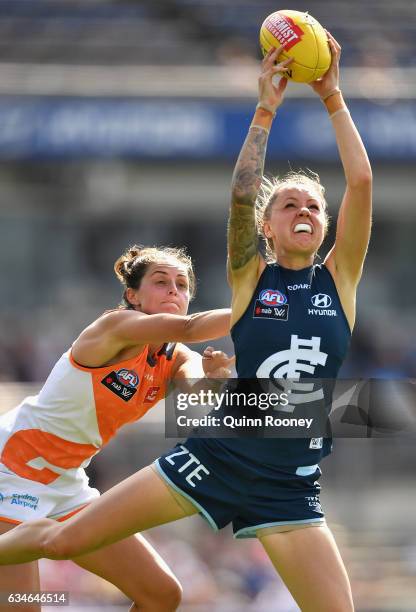 Bianca Jakobsson of the Blues marks during the round two AFL Women's match between the Carlton Blues and the Greater Western Sydney Giants at Ikon...