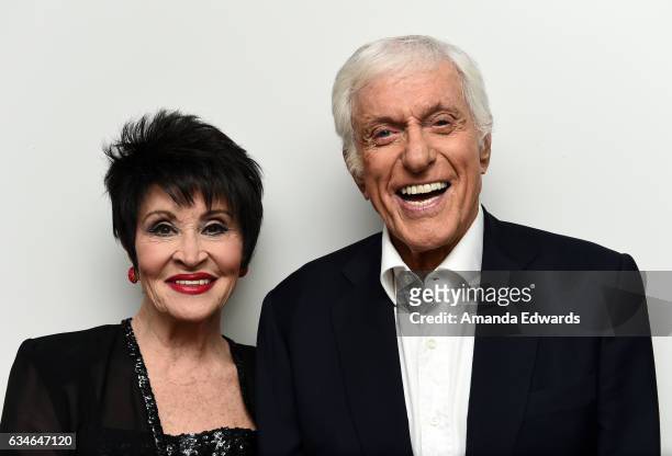 Actress Chita Rivera and actor Dick Van Dyke pose backstage before performing together at The Eli And Edythe Broad Stage presentation of "Chita: A...