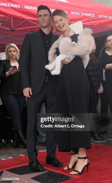 Musician Adam Levine, wife/model Behati Prinsloo and daughter Dusty Rose at his Star On The Hollywood Walk Of Fame ceremoney on February 10, 2017 in...