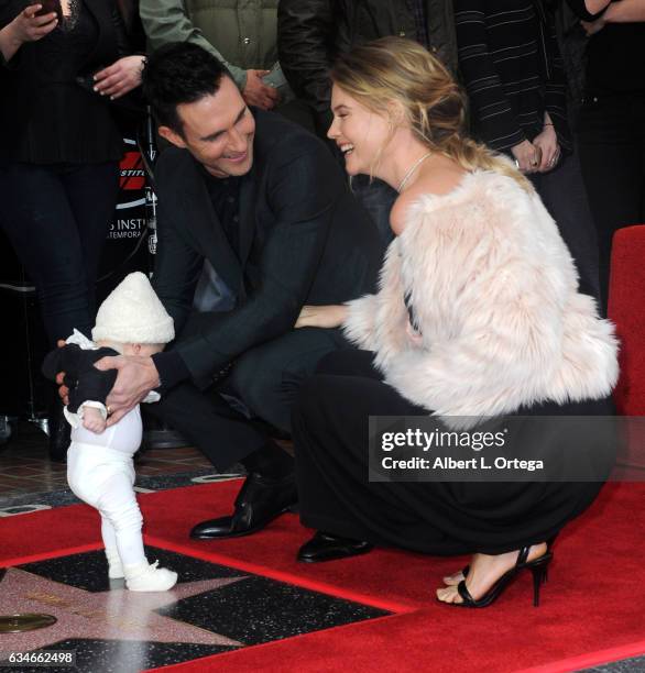 Musician Adam Levine, wife/model Behati Prinsloo and daughter Dusty Rose at his Star On The Hollywood Walk Of Fame ceremoney on February 10, 2017 in...