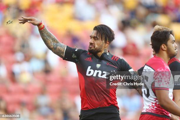 Digby Ioane of the Crusaders celebrates a try during the Rugby Global Tens match between Crusaders and Reds at Suncorp Stadium on February 11, 2017...