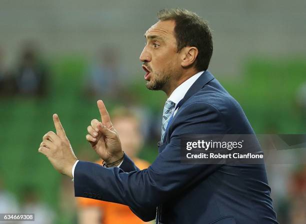 Melbourne City Coach Michael Valkanis gestures during the round 19 A-League match between Melbourne City FC and the Brisbane Roar at AAMI Park on...