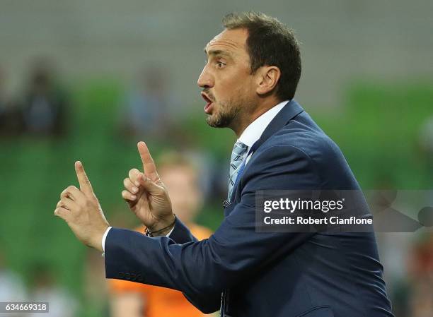 Melbourne City Coach Michael Valkanis gestures during the round 19 A-League match between Melbourne City FC and the Brisbane Roar at AAMI Park on...