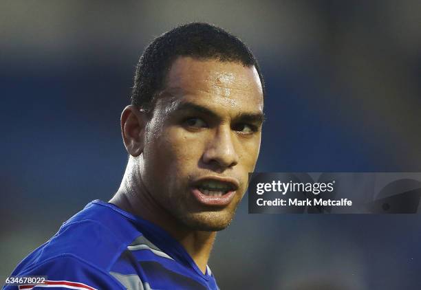 Will Hopoate of the Bulldogs looks on during the NRL Trial match between the Canterbury Bulldogs and the Penrith Panthers at Belmore Sports Ground on...