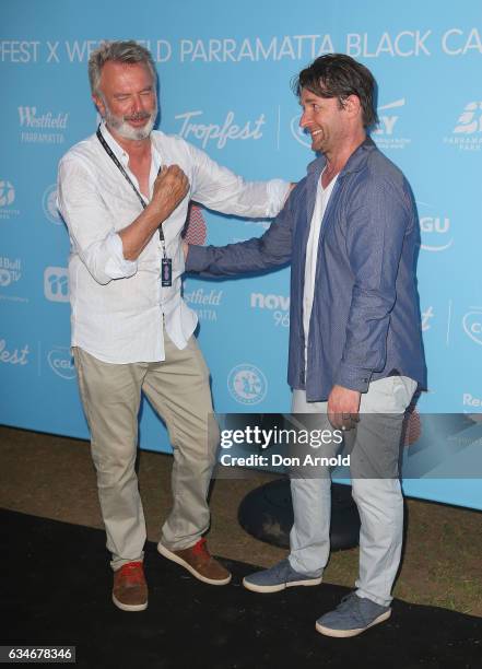 Sam Neill and Jon Polson arrive at Tropfest at Parramatta Park on February 11, 2017 in Sydney, Australia.