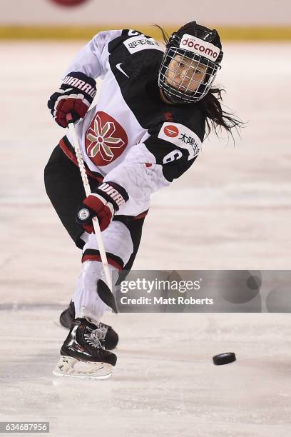 Sena Suzuki of Japan passes during the Women's Ice Hockey Olympic Qualification Final game between Japan and France at Hakucho Arena on February 11,...