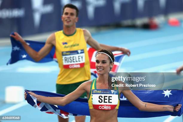 Jeff Riseley of Australia and Heidi See of Australia thank fans after competing in the mixed 3 minute challenge during the Melbourne Nitro Athletics...