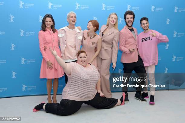 Actress Itziar Castro does the splits in front of actress Macarena Gomez, film director Eduardo Casanova, actress Ana Polvorosa, producer Carolina...