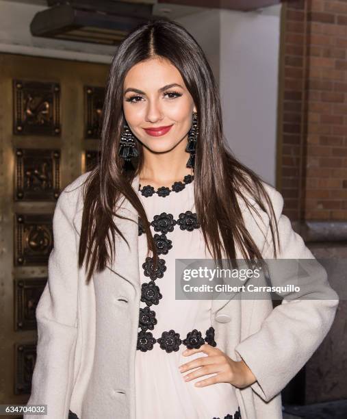 Actress Victoria Justice is seen arriving at the Kate Spade presentation at Russian Tea Room during New York Fashion Week on February 10, 2017 in New...