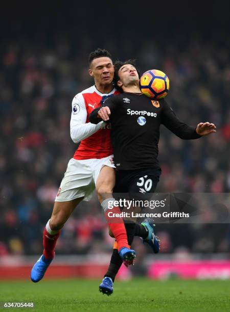 Lazar Markovic of Hull City is fouled by Kieran Gibbs of Arsenal during the Premier League match between Arsenal and Hull City at Emirates Stadium on...