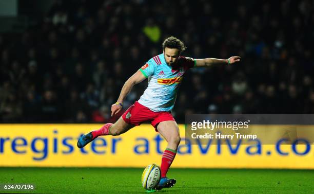 Ruaridh Jackson of Harlequins kicks during the Aviva Premiership match between Bristol Rugby and Harlequins at Ashton Gate on February 10, 2017 in...