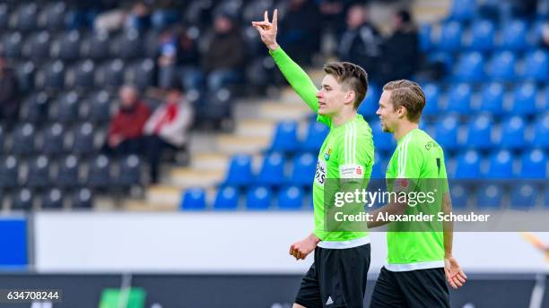 Florian Hansch of Chemnitz celebrates the third goal for his team during the Third League match between FSV Frankfurt and Chemnitzer FC on February...