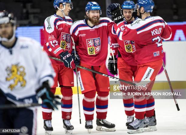 Lukas Kaspar of the Czech Rep celebrates after scoring the 4-0 goal in the Finland vs the Czech Republic ice hockey match in the Sweden Hockey Games...