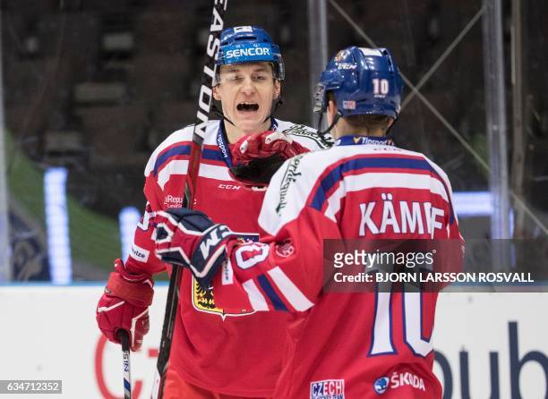 Lukas Radil of the Czech team cheers with David Kaempf after the 1-0 goal during the Finland vs the Czech Republic ice hockey match in the Sweden...
