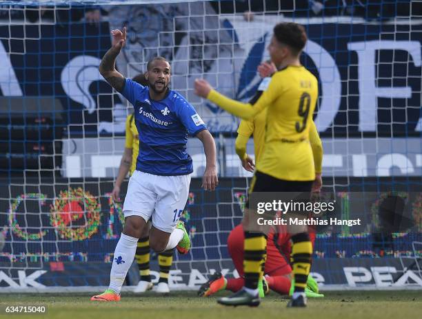 Junior Diaz of Darmstadt celebrates after scoring his team's first goal during the Bundesliga match between SV Darmstadt 98 and Borussia Dortmund at...